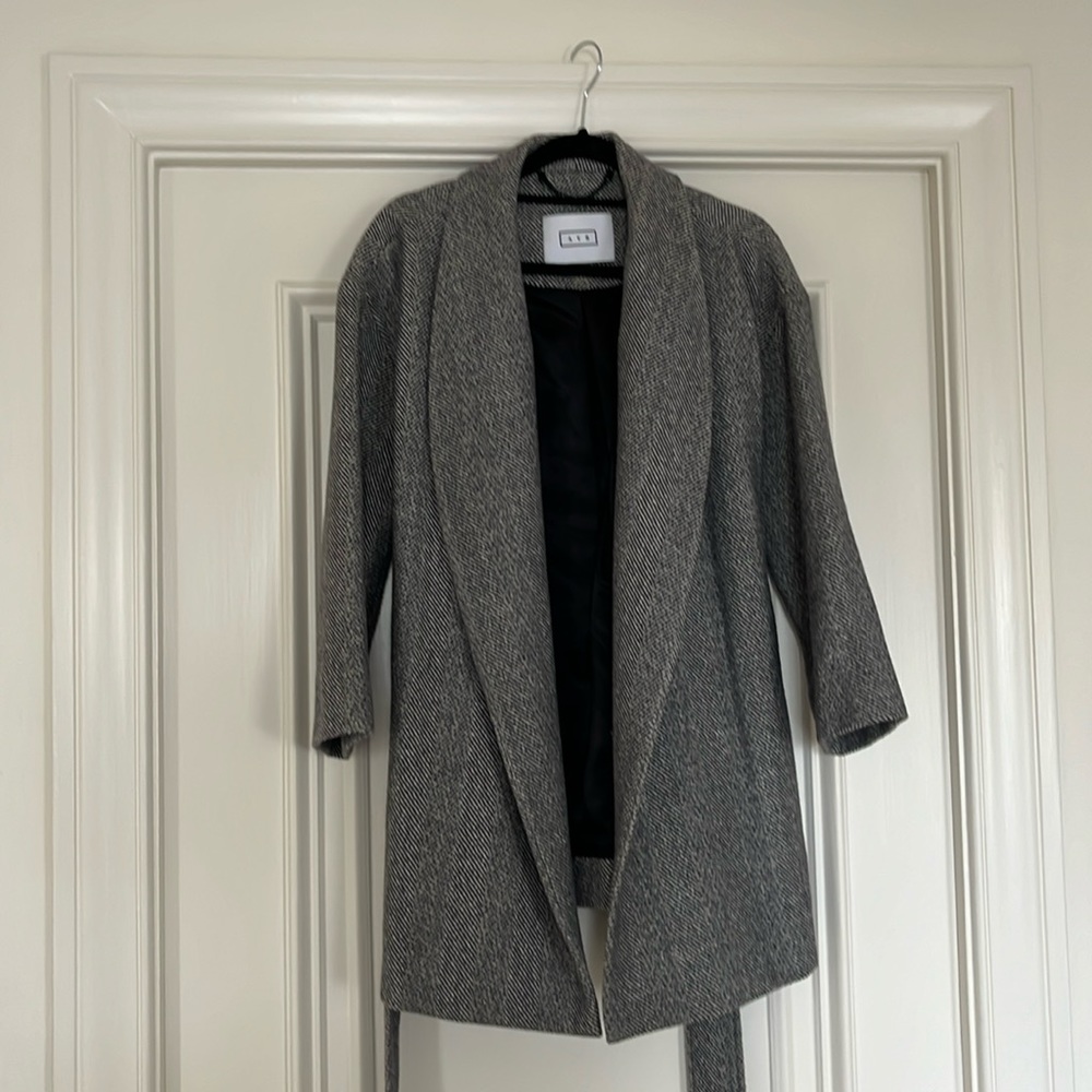 AYR short robe coat: herringbone cream and grey wrap jacket